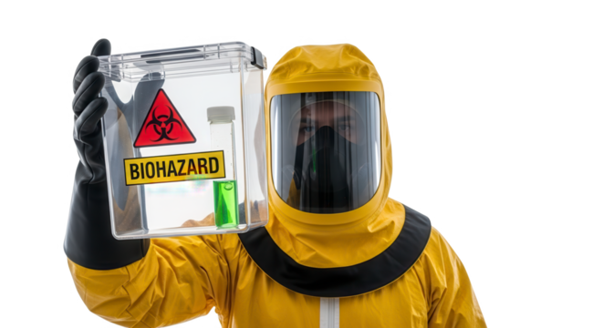 Person in yellow hazmat suit holding a biohazard container isolated on transparent background