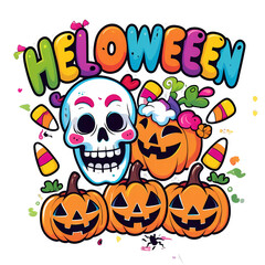 Fototapeta premium Spooky Halloween vibes with grinning pumpkins, cheerful skulls and candy corn for fall festivities