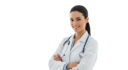 A smiling female doctor wearing a white coat and stethoscope, arms crossed, isolated on transparent background