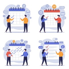 Schedule planning illustration set. Characters organizing tasks, filling checklist, and managing calendar. Perfect for business, teamwork, productivity, office, and organization concept design.