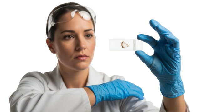 Female scientist looking at a slide with sample isolated on transparent background