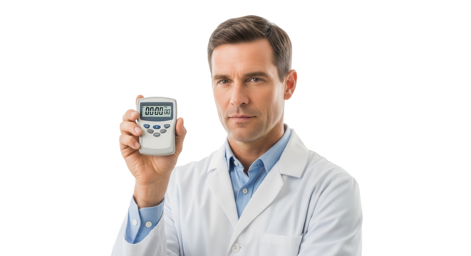 Doctor in white lab coat holding a small electronic medical device with a screen displaying battery and signal strength, isolated on transparent background