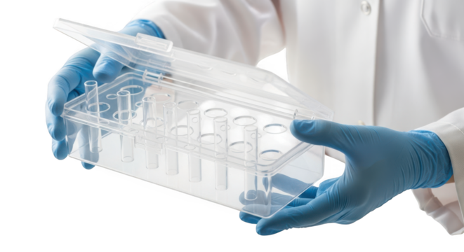 Closeup of scientists hands wearing blue nitrile gloves, holding a clear plastic rack with multiple small vials, isolated on transparent background