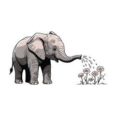 Obraz premium Vector Illustration of Elephant Spraying Water in Minimalist Organic Style with Soft Gray and Pink Colors
