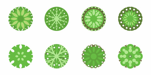 Collection of eight stylized green circular tree top view icons with different patterns and textures