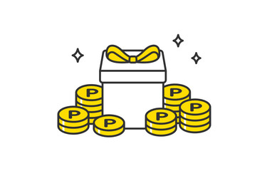 山積みのポイントコインと正面のプレゼントボックス【ベクターイラスト素材】