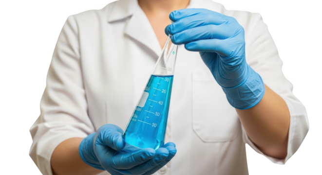 A person in a lab coat and blue gloves holds a flask with blue liquid, isolated on transparent background