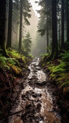 Obraz premium Serene Forest Pathway with Misty Atmosphere in Early Morning Light