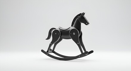 A sleek, minimalist black rocking horse stands isolated against a stark, bright white background.