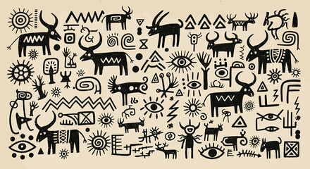 Primitive Style Black Animal and Symbol Drawings on Beige Background