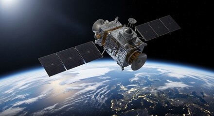 Communication satellite orbiting above the illuminated Earth scenery