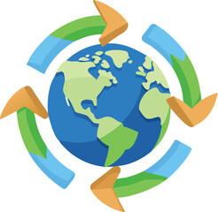 3D twisted recycling arrows circling Earth with small plant roots.