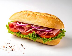 Delicious sub sandwich with ham, cheese, lettuce, tomato, and onion