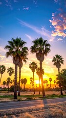 Sunset Over Palm Trees Along a Scenic Road in Warm Climate