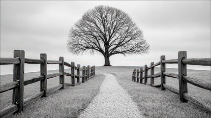 Solitary Tree on Hilltop Path, Black and White Landscape Photography