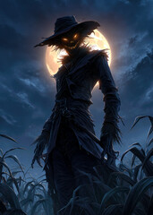 Under a glowing full moon, a haunting scarecrow with glowing eyes watches over a dark cornfield. Shadows dance among the rows of corn, creating an eerie atmosphere.