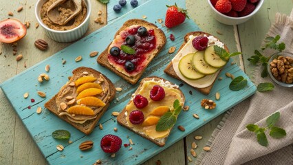 Assorted fruit toast with peanut butter, cream cheese, berries, peach, kiwi, and nuts on rustic blue board, fresh and vibrant breakfast