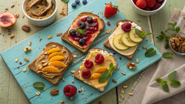Assorted fruit toast with peanut butter, cream cheese, berries, peach, kiwi, and nuts on rustic blue board, fresh and vibrant breakfast