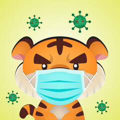 cute tiger wearing mask and virus around