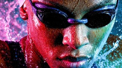 Close up portrait swimmer water droplets intense focus colorful lighting swim cap goggles athlete