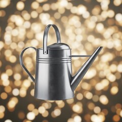 Elegant metallic watering can shines amidst a sparkling bokeh backdrop