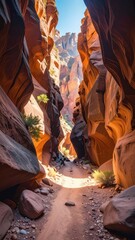 Serene Slot Canyon Pathway with Sunlight and Vibrant Rock Formations