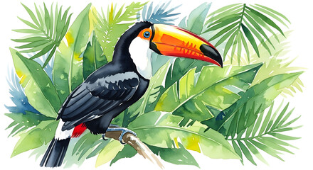 Vibrant toucan perched among lush green tropical foliage watercolor painting art