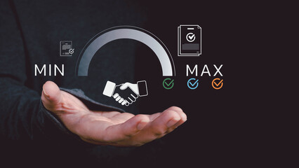 A hand offers digital icons including a handshake, a gauge from MIN to MAX, and documents with check marks, set against a dark background, illustrating agreement and progress.