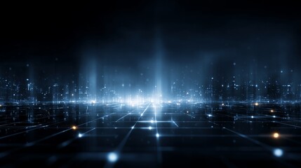 Futuristic digital network with glowing cityscape in the background