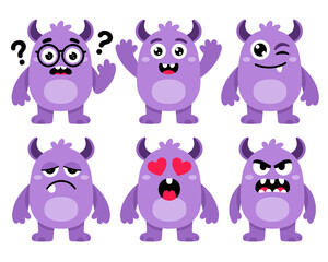 A collection of six adorable purple cartoon monsters displaying various emotions like confusion, excitement, winking, sadness, love, and anger.