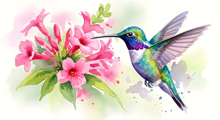 Fototapeta premium Vibrant hummingbird sips nectar from delicate pink blossoms in watercolor art