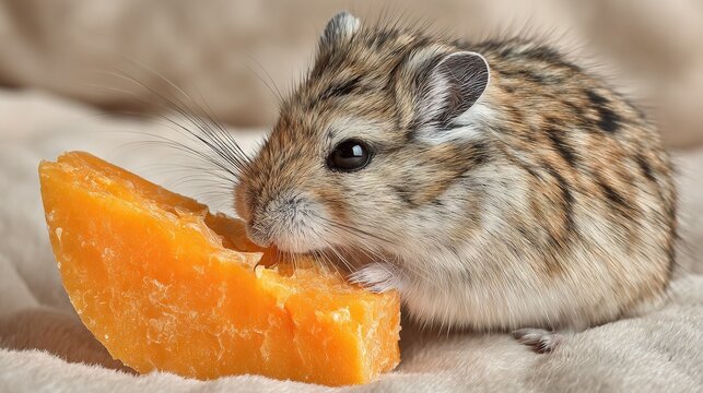 Hamster nibbling on a chunk of cheese, detailed close-up pet portrait highlighting natural fur textures, playful feeding behavior, and cozy lifestyle feel - Powered by Adobe