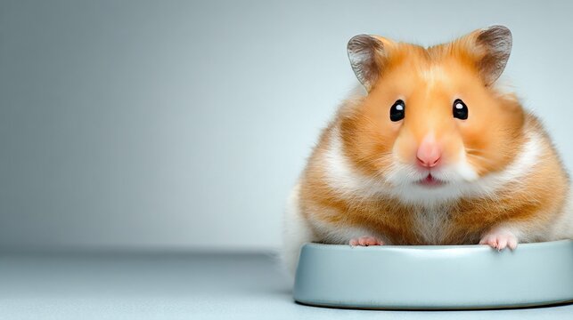 Golden hamster sitting in a blue bowl against soft gradient background, charming close-up portrait highlighting adorable pet features and gentle vibe