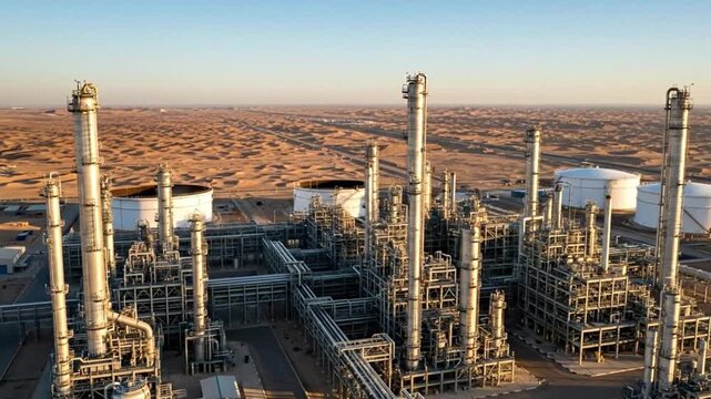 Aerial view of a large oil refinery and gas processing plant in the desert at sunset.
