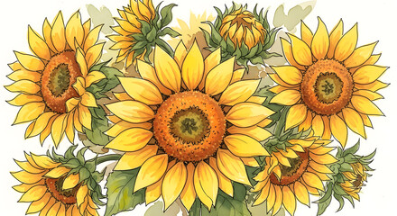 Vibrant sunflowers bloom bursting with golden yellow petals and rich brown centers