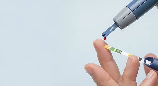 Close-up of a person's finger with a blood glucose meter and test strip, demonstrating diabetes monitoring.