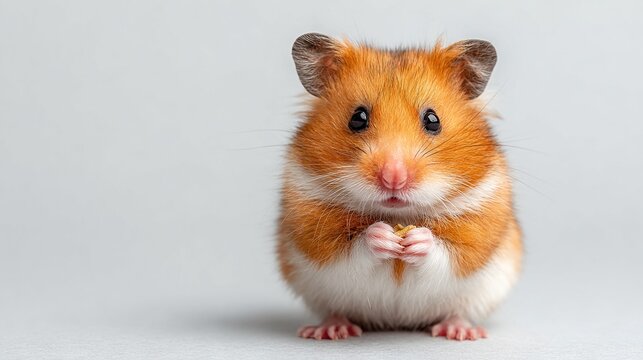 Golden brown hamster holding tiny food in paws against neutral background, adorable close-up portrait capturing pet innocence, charm, and soft textures