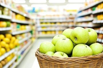 Basket of green apples in foreground with bright blank background and blurred shelves for food advertising and healthy theme design