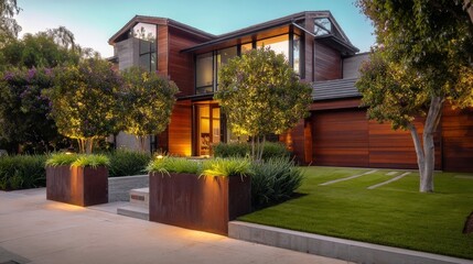 Elegant modern house at dusk with warm wooden paneling, large glass windows reflecting interior lights,