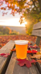 Autumnal beverage on park bench