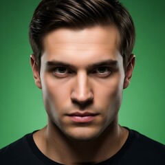 Obraz premium Intense Close-Up Portrait of a Young Man with Green Background