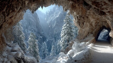 Cave opening overlooking snowy forest landscape with sunlight and another cave entrance.