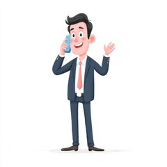 A cheerful male businessman in a formal suit talks on a blue landline telephone,