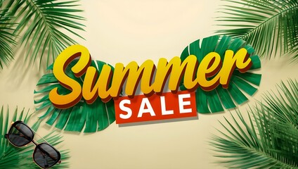 Summer Sale Poster with Palm Leaves and Sunglasses on Beige Background