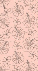 Continuous line drawing tropical flowers on pale coral seamless pattern