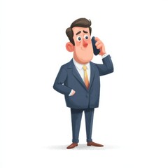 Obraz premium A cartoon style man in a dark blue suit with a light blue shirt and yellow tie stands smiling,