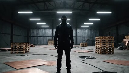 Man Standing in Empty Warehouse Surrounded by Wooden Pallets Under Bright Overhead Lights - Powered by Adobe