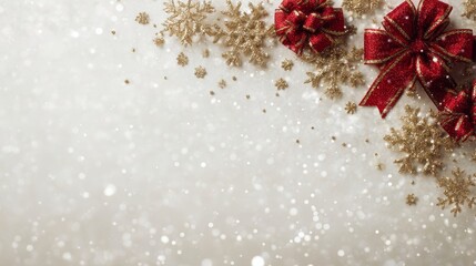 Festive holiday display featuring glittering gold snowflakes and an elegant red bow with sparkles,