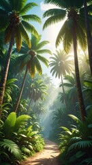 Lush Tropical Pathway Surrounded by Tall Palm Trees and Greenery