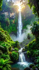 Majestic Waterfall Surrounded by Lush Greenery and Tropical Plants